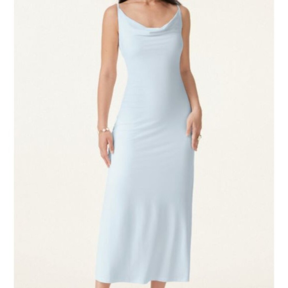 OGL Light Blue Eco SkinKiss Soft Stretchy Draped Neck Brami Midi Tank Dress Sz M
